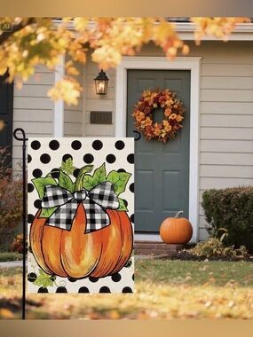 Autumn Pumpkin Garden Flag with Black Gingham Bow - Fall Décor
